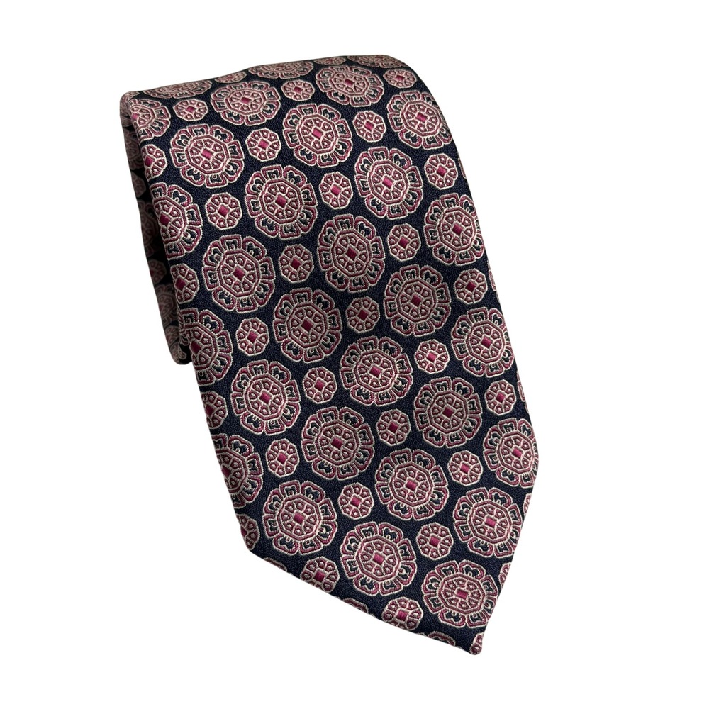 Bill‎ Robinson Necktie Navy Pink Geometric Medallion Silk Blend Formal Mens OS